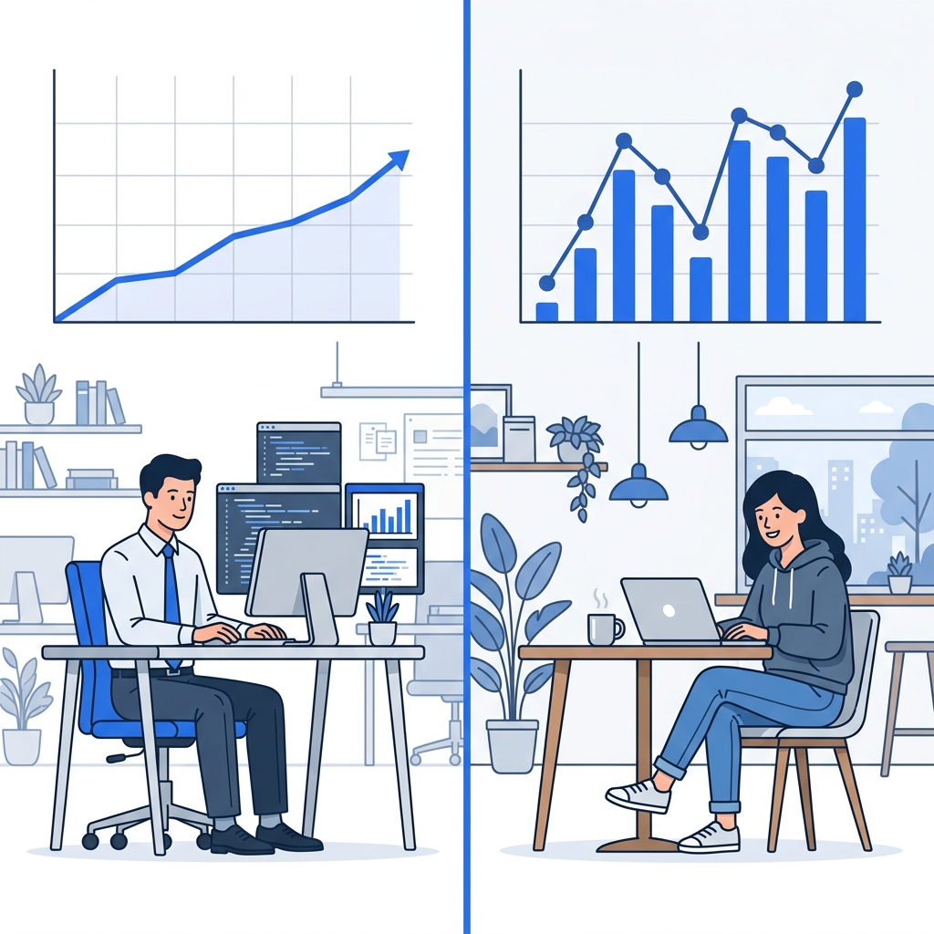 正社員とフリーランスのキャリアパスを比較するイメージ