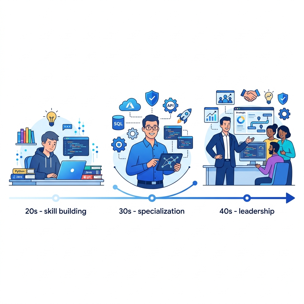 20代30代40代のITエンジニアキャリア戦略を示すイメージ